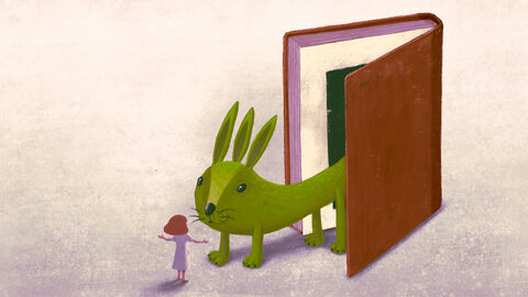 Illustration with girl and hare from a children's book 